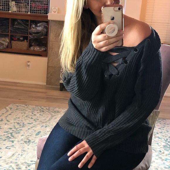 Last 1! SMALL oversized Charcoal Lace Up Sweater - Picture 2 of 4